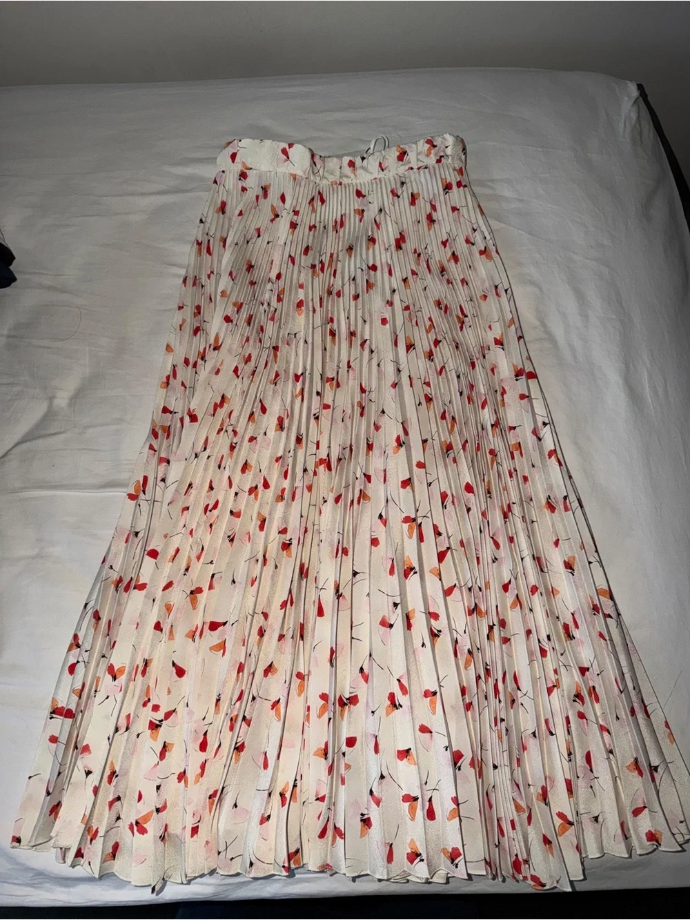 Prada Cream Pleated Midi Skirt with Red & Orange Floral Print